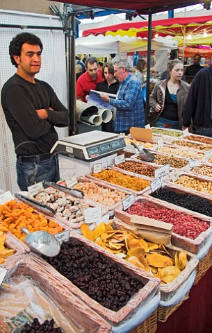Dried fruit stall at Greenwich covered market  Greenwich London England