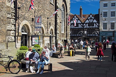 Street scene outside the Tourist Information Office   Salisbury Wiltshire England