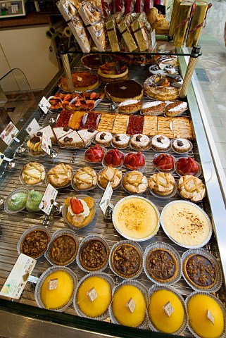Patisserie window display with variety of fine cakes  and pastries Beaune Cte dOr Burgundy France