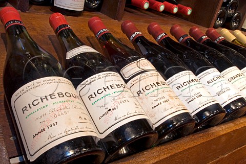 Selection of Grand Cru Richebourg bottles from 1957   to 2001 on display in JeanLuc Aegerter wine shop   Rue Carnot Beaune Cte dOr France