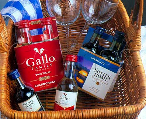 Gallo Family and Sutter Home quarter bottles of   wine in a picnic basket