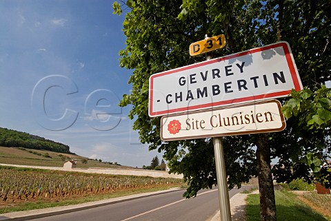 Road sign on D31 at entrance to GevreyChambertin   with Clos StJacques vineyard beyond   Cte dOr   France  Cte de Nuits
