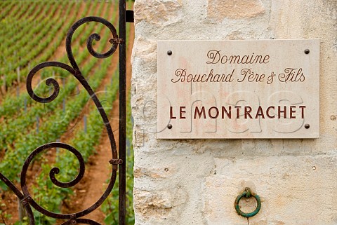 Stone pillar at entrance to Bouchard Pre et Fils parcel of Le Montrachet vineyard   PulignyMontrachet Cte dOr France  Cte de   Beaune