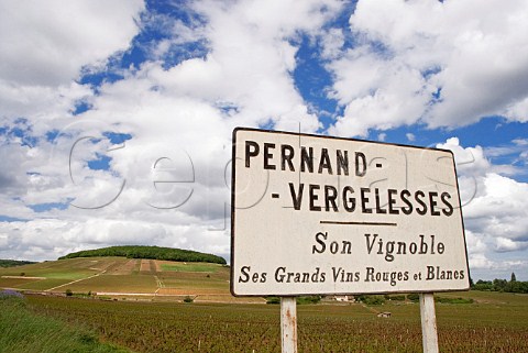 Road sign at the start of the PernandVergelesses   vineyards with the hill of Corton  in background   Cte dOr France