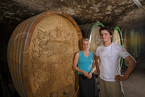Katja and Jens Bder in their barrel cellar at Weingut Villa Bder Eckelsheim Germany    Rheinhessen