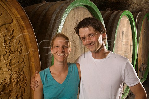 Katja and Jens Bder in their barrel cellar at   Weingut Villa Bder Eckelsheim Germany    Rheinhessen
