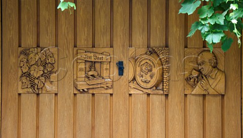 Decorative cellar doors outside a small winery   Bacharach Germany  Mittelrhein