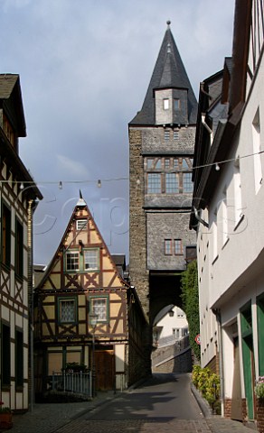 Tower and narrow street at the eastern entrance to   Bacharach Germany Mittelrhein