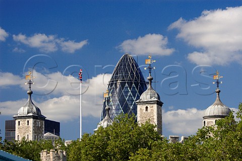 Swiss Re Tower London Gherkin beyond the Tower of   London