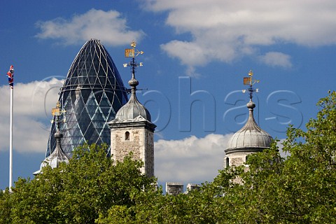 Swiss Re Tower London Gherkin beyond the Tower of   London