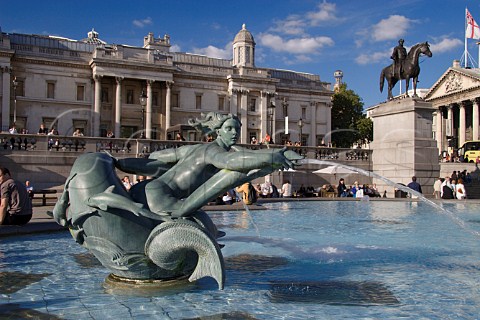 Fountain in Trafalgar Square with the National   Gallery behind London