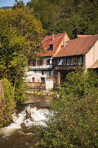 Half timbered buildings by the river Kaysersberg   HautRhin France  Alsace