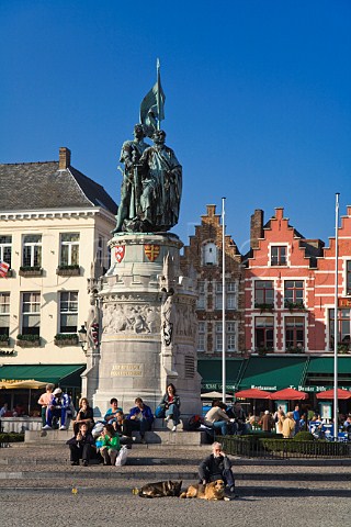 Statue of Jan Breidel and Peter de Coninck in the Markt the old market square in the centre of Bruges Belgium