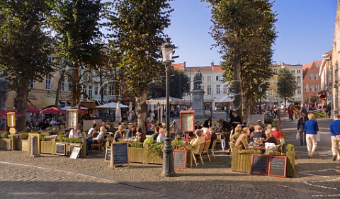 Openair restaurant seating in the Stevinplein Bruges Belgium