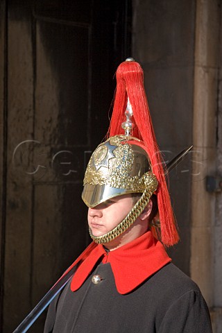Member of the Blues and Royals Household Cavalry regiment in Horse Guards Whitehall London