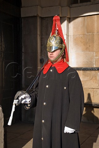 Member of the Blues and Royals Household Cavalry regiment in Horse Guards Whitehall London