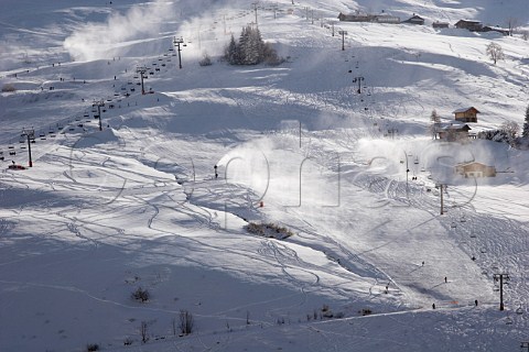 Snow making machines on the slopes at Le Chinaillon the ski resort of Le GrandBornand HauteSavoie France