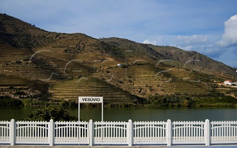 Vesuvio train station with Symingtons Quinta da Senhora da Ribeira across the Douro river Portugal Port