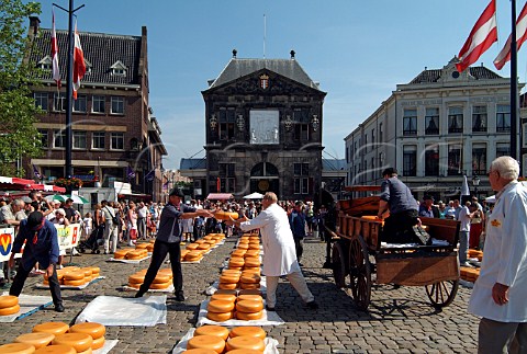 The weekly cheese market in the cobbled square of Gouda The Netherlands