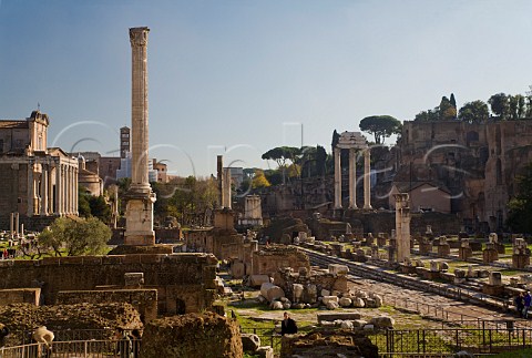 Column of Phocas with columns of the Temple of Castor and Pollux behind Roman Forum Rome Italy