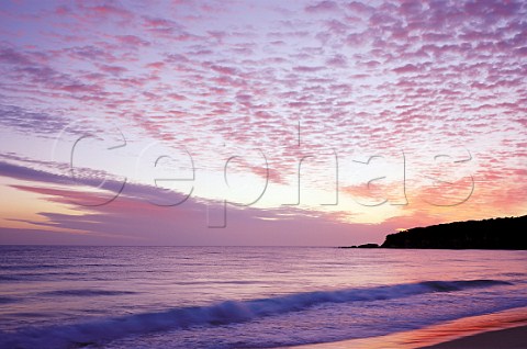 Pink sunrise over sea at Terrace beach Ben Boyd National Park New South Wales Australia