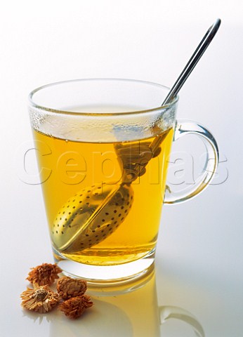 A glass mug of chamomile tea with metal infuser
