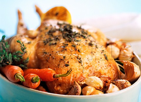 Roast chicken and garlic with carrots and thyme