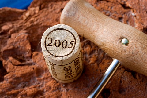 Saintmilion 2005 cork with corkscrew on rustic terracotta surface