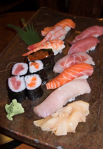 Japanese Nigiri and maki sushi display