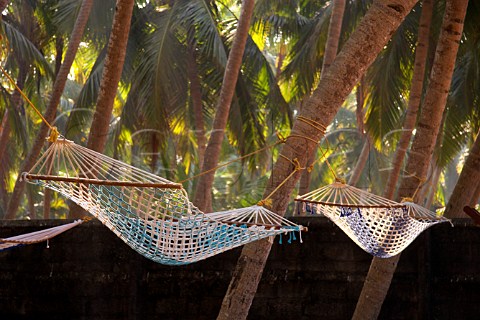 Hammocks hanging amongst the palm trees in the grounds of the Wild Palms on Sea Homestay just north of Thiruvananthapuram Trivandrum Kerala India