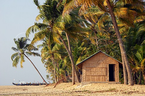 Decorative wicker hut amongst the palm trees on the beach by the rustic fishing village of Kattoor Kalavoor Alappuzha Alleppey Kerala India