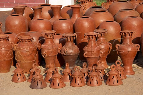 Terracotta pottery for sale at exhibition of Indian handicrafts in Thiruvananthapuram Trivandrum Kerala India