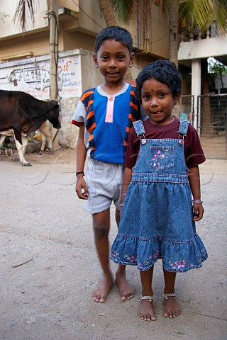 Indian children on street in Chennai MadrasTamil Nadu India