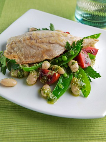 Sea Bass with butter bean and pea salad