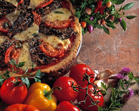 Rustic pizza on terracotta background