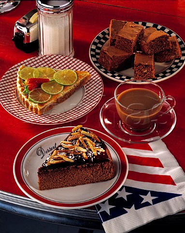 American diner scene showing cheesecake coffee key lime pie and brownies