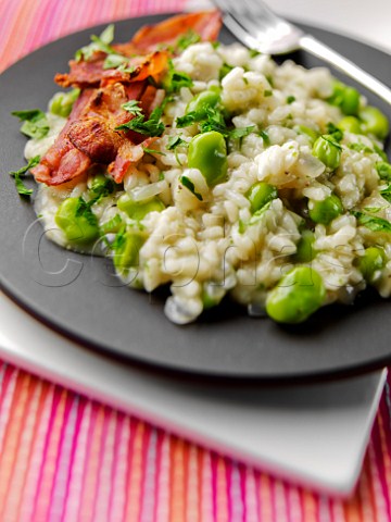 Broad bean risotto with crispy bacon