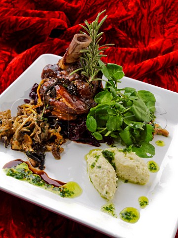 Lamb shank with rosemary salad and potato quenelles