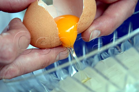 Cracking an egg into a mixing bowl