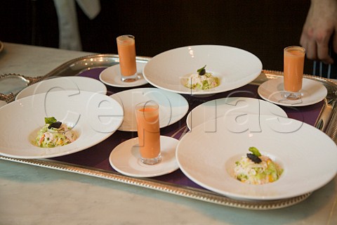 Crab mayonnaise with avocado and sweet corn chilled tomato gazpacho and herb focaccia at Gordon Ramsays Cerise Restaurant Conrad Hotel Tokyo