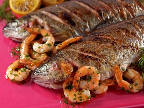 Baked trout with prawns