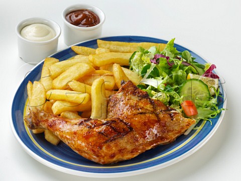 Chicken and chips with salad mayo and ketchup