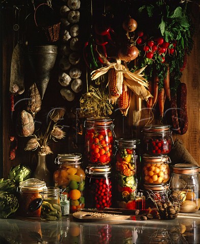 Preserved dried and bottled produce in pantry