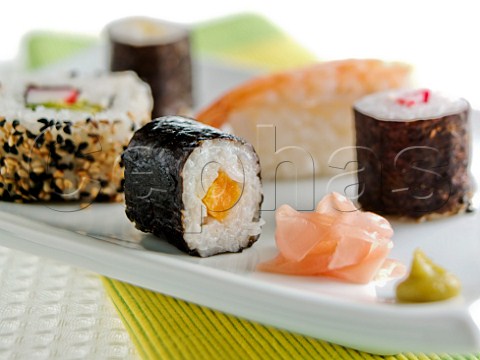Japanese Maki Sushi with ginger and wasabi
