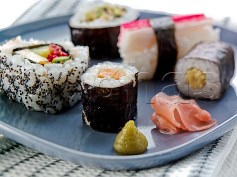 Japanese Maki sushi with wasabi and ginger
