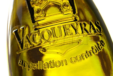 Closeup on bottle of Vacqueyras red wine