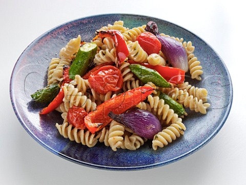 Wholewheat fusilli with roasted vegetables