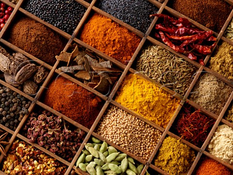 Variety of indian spices in a wooden tray