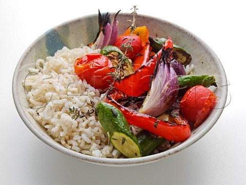 Bowl of roast vegetables and brown rice