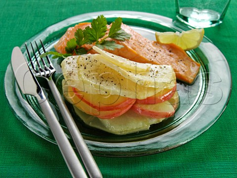 Poached salmon with celeriac and apple bake
